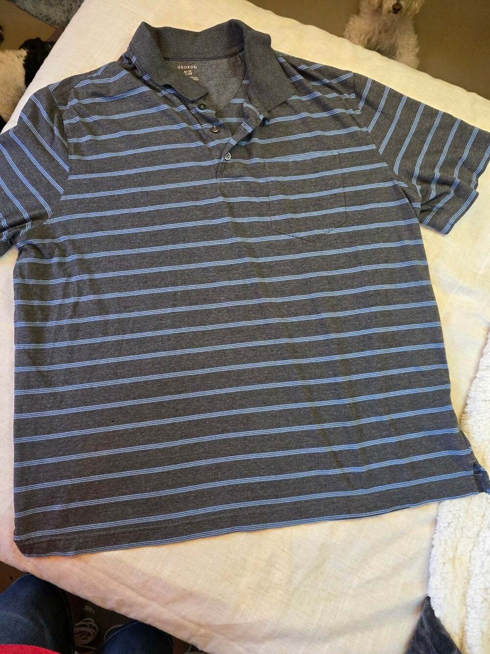 George Men's Gray&Blue Striped Short Sleeve Polo Shirt with Pocket XL 46-48